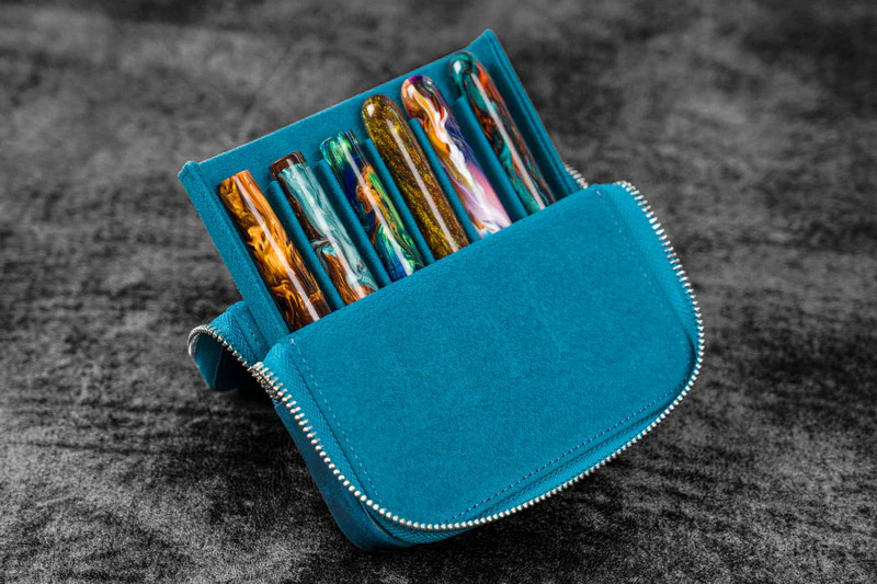Galen Leather Co. Leather Zippered Magnum Opus 6 Slots Hard Pen Case with Removable Pen Tray - C. H. Ocean Blue