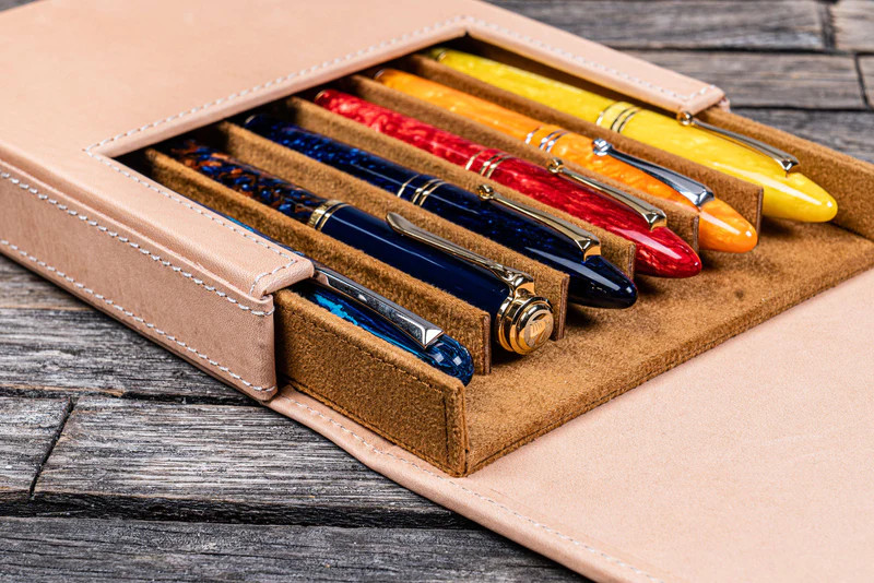 Galen Leather Co. Leather Magnum Opus 6 Slots Hard Pen Case with Removable Pen Tray - Undyed Leather