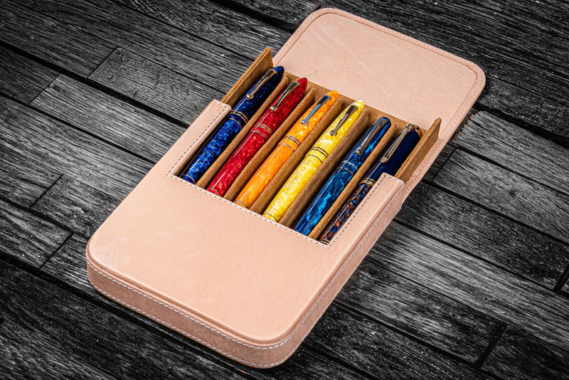 Galen Leather Co. Leather Magnum Opus 6 Slots Hard Pen Case with Removable Pen Tray - Undyed Leather