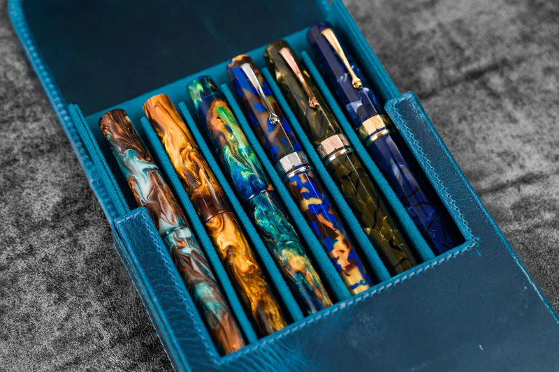 Galen Leather Co. Leather Magnum Opus 6 Slots Hard Pen Case with Removable Pen Tray - Ocean Blue