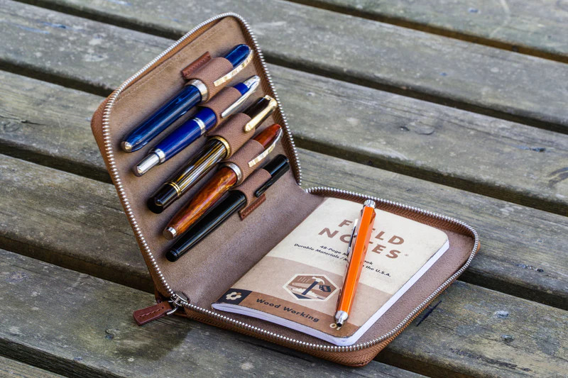 Galen Leather Co. Leather Zippered 5 Slots Pen Case Brown