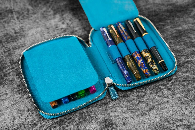 Galen Leather Co. Leather Zippered 10 Slots Pen Case Crazy Horse Ocean Blue