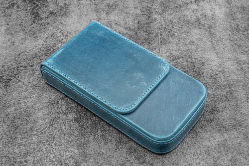 Galen Leather Co. C.H Ocean Blue Leather Magnum Opus 3 Slots Hard Pen Case with Removable Pen Tray