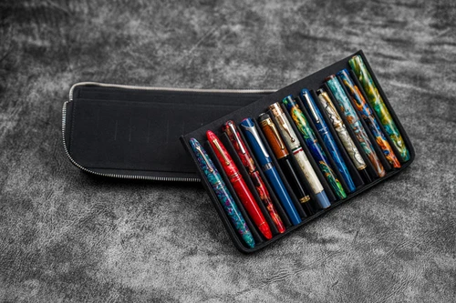 Leather Zippered Magnum Opus 12 Slots Hard Pen Case with Removable Pen Tray - Black