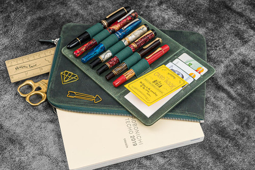 Galen Leather Co. Leather Zippered Writer's Bank Bag - Pen Pouch - Crazy Horse Forest Green