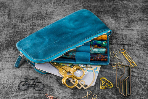 Galen Leather Co. Leather Slip-N-Zip 4 Slots Zippered Pen Pouch C.H. Ocean Blue