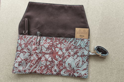 Desa Heritage Batik Textile Pen Wrap for Six Pens Red Blue Design