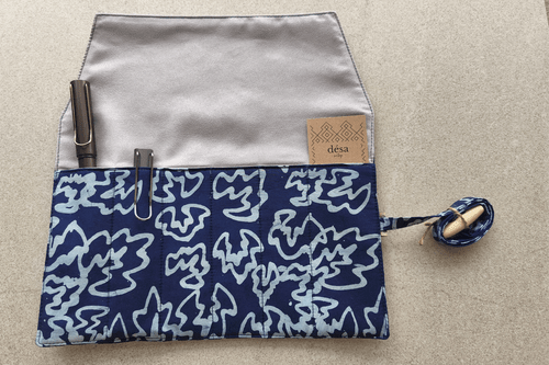 Desa Heritage Batik Textile Pen Wrap for Six Pens Blue Design