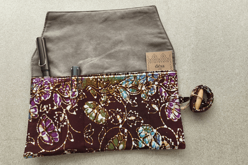 Desa Heritage Batik Textile Pen Wrap for Six Pens Dark Red Design
