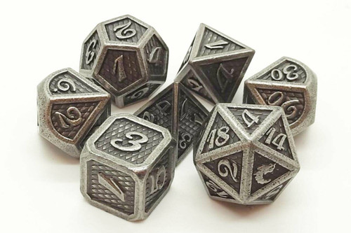 Dragon Scale Ancient Silver Metal 7 Piece Dice Set DnD RPG Old School
