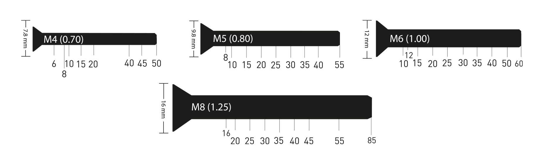 Countersunk bolts in a range of metric sizes