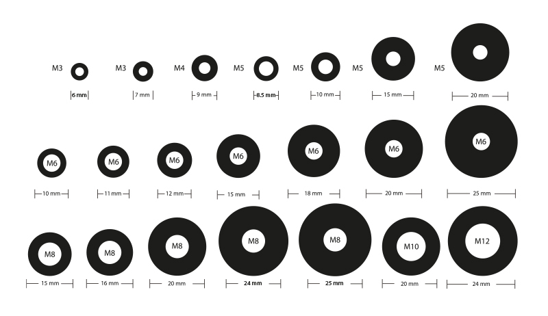 Flat washers in a range of metric sizes