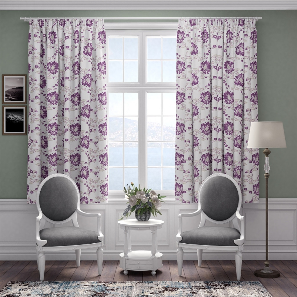 Fire Retardant Thermal Insulated, Room Darkening Floral Design Pencil Pleat Curtains (2 Panels)