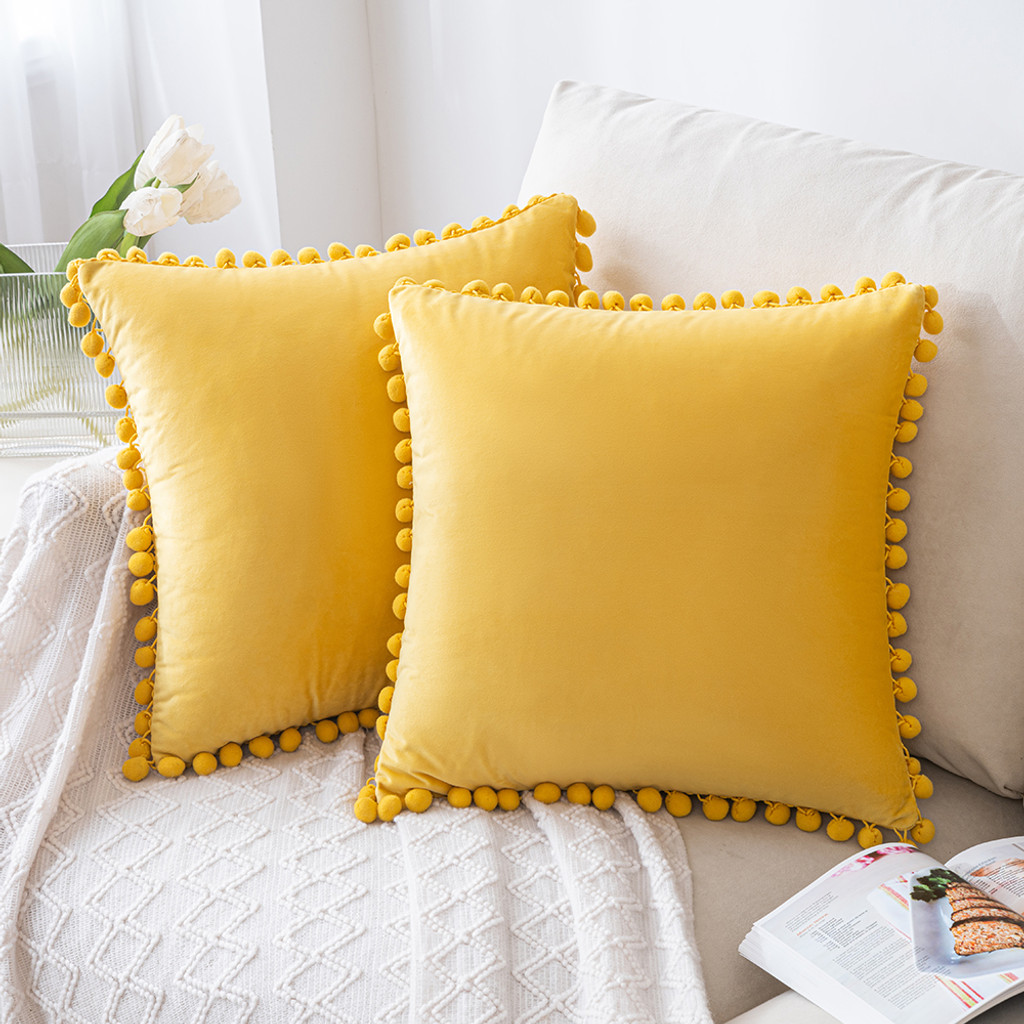 Set of 2 Cushions with Premium Pompom Velvet Cushion Covers Included - 45x45cm