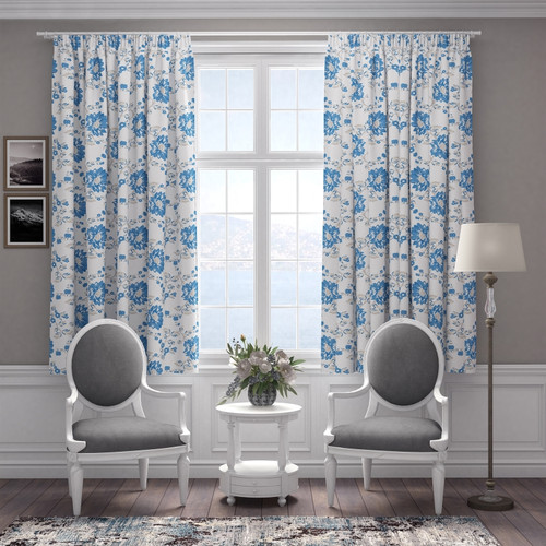 Fire Retardant Thermal Insulated, Room Darkening Floral Design Pencil Pleat Curtains (2 Panels)