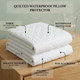 quilted-waterproof-pillow-protector-infographic-50-percent-cotton-50-percent-polyester-blend-fabric-waterproof-protection-quilted-design-hollowfibre-polyester-filling-machine-washable-easy-care-non-allergenic-labelled-feat