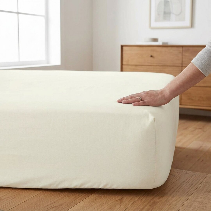 cream-68-pick-polycotton-fitted-sheet-4-foot-bed-lifestyle-hand-demonstrating-fabric-fit-on-bed