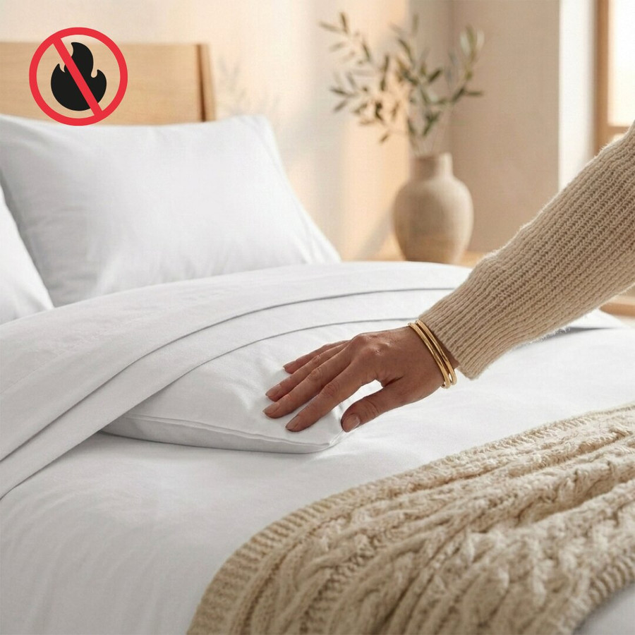 white-flame-retardant-bedding-close-up-hand-demonstrating-safety-and-softness-no-flame-icon