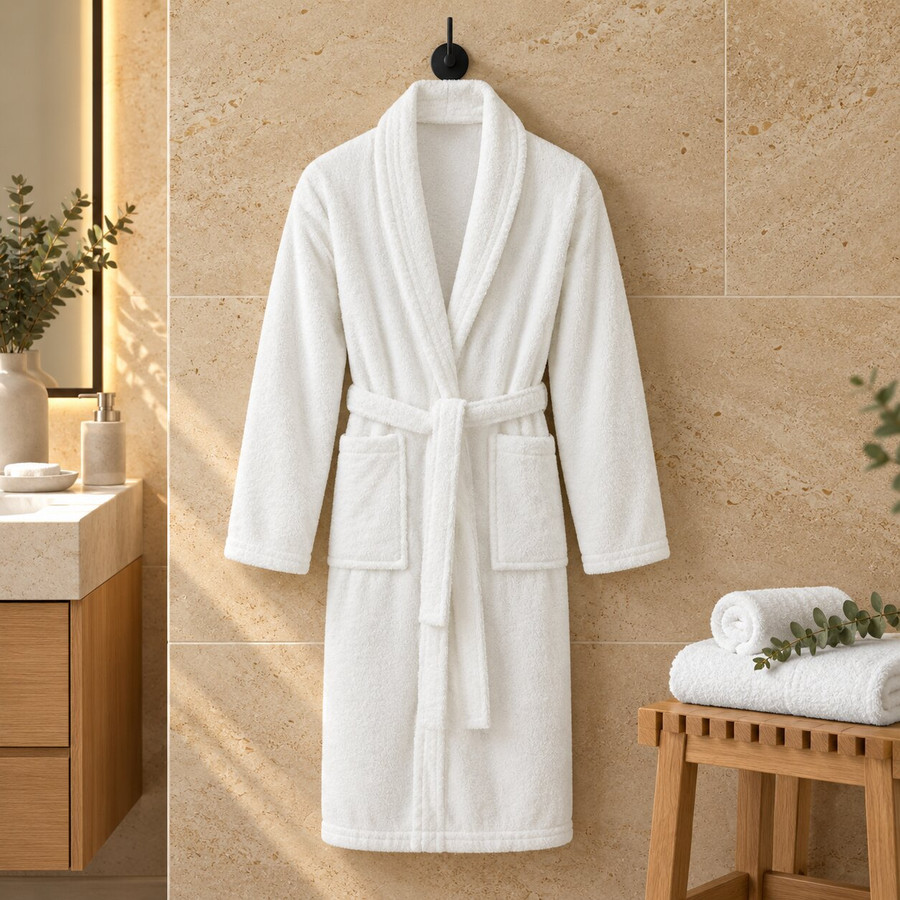 white-shawl-collar-terry-towelling-bath-robe-travertine-wall