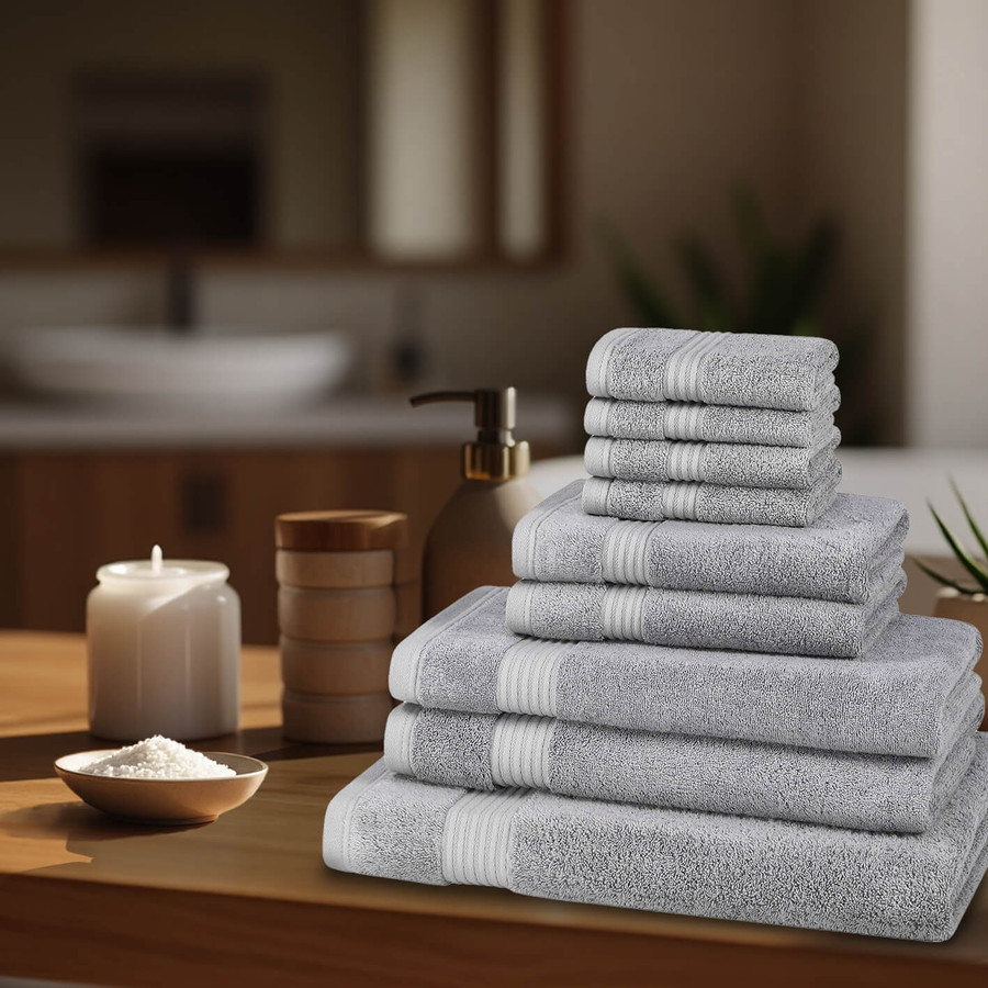 9 Piece 700GSM Bamboo Towel Set - 4 Face Cloths, 2 Hand Towels, 2 Bath Towels, 1 Bath Sheet