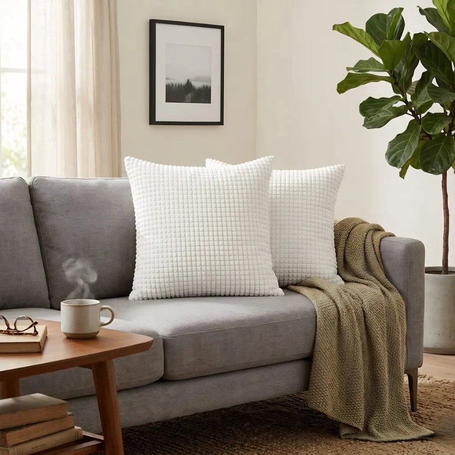 Set of 2 Cushions with Corn Corduroy Covers Included - 45x45 cm