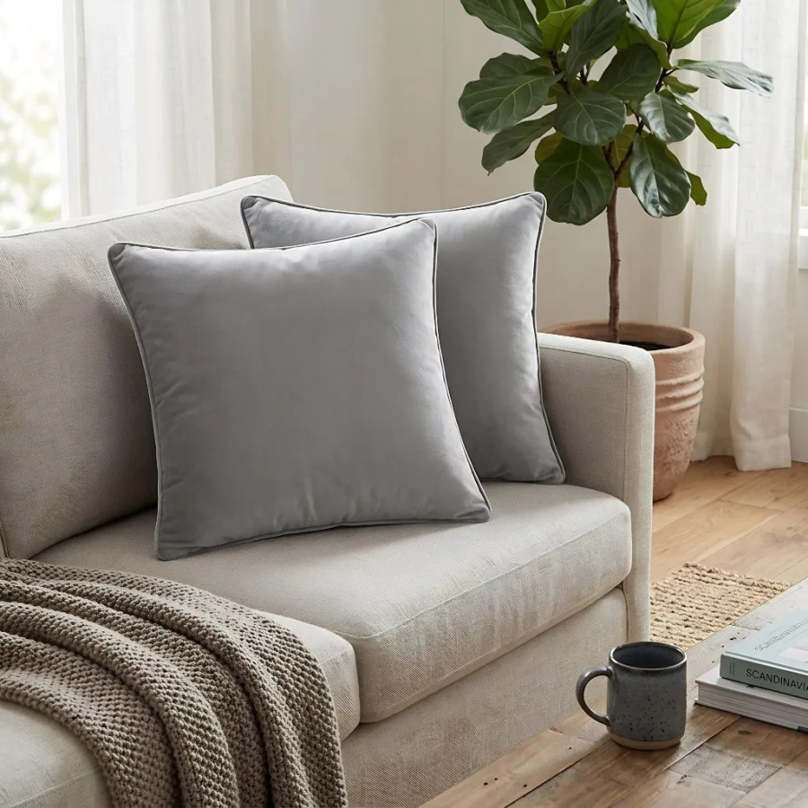 Set of 2 Cushions with Piped Velvet Covers Included - 45x45 cm