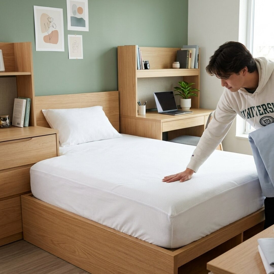 white-corovin-water-resistant-mattress-protector-fitted-on-single-bed-hand-demonstrating-polypropylene-fabric-elasticated-corners-bedroom-lifestyle