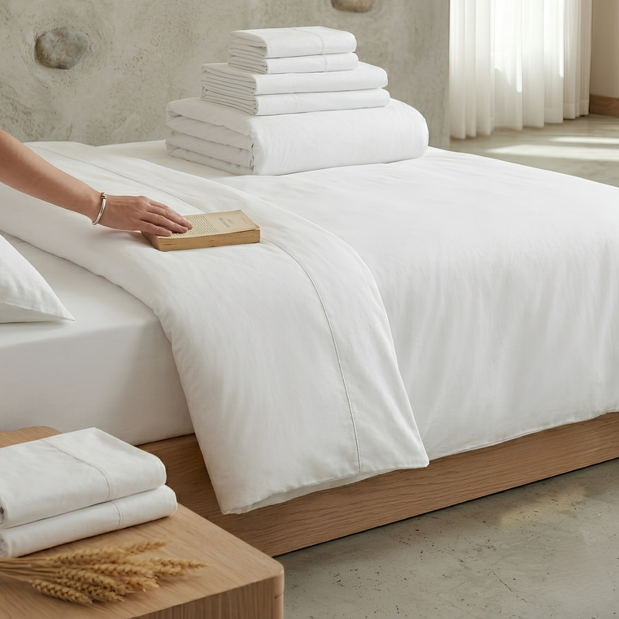 white-130-thread-count-cotton-rich-duvet-covers-stacked-on-bed-hand-demonstrating-quality-and-organization