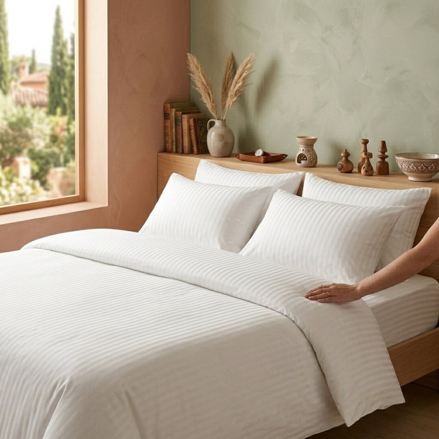 white-200-thread-count-easy-iron-cotton-rich-satin-stripe-duvet-cover-on-bed-hand-demonstrating-soft-fabric-sateen-stripe-design-bedroom-lifestyle