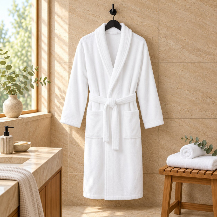 white-velour-shawl-collar-unisex-bathrobe-boutique-spa-bathroom-scene