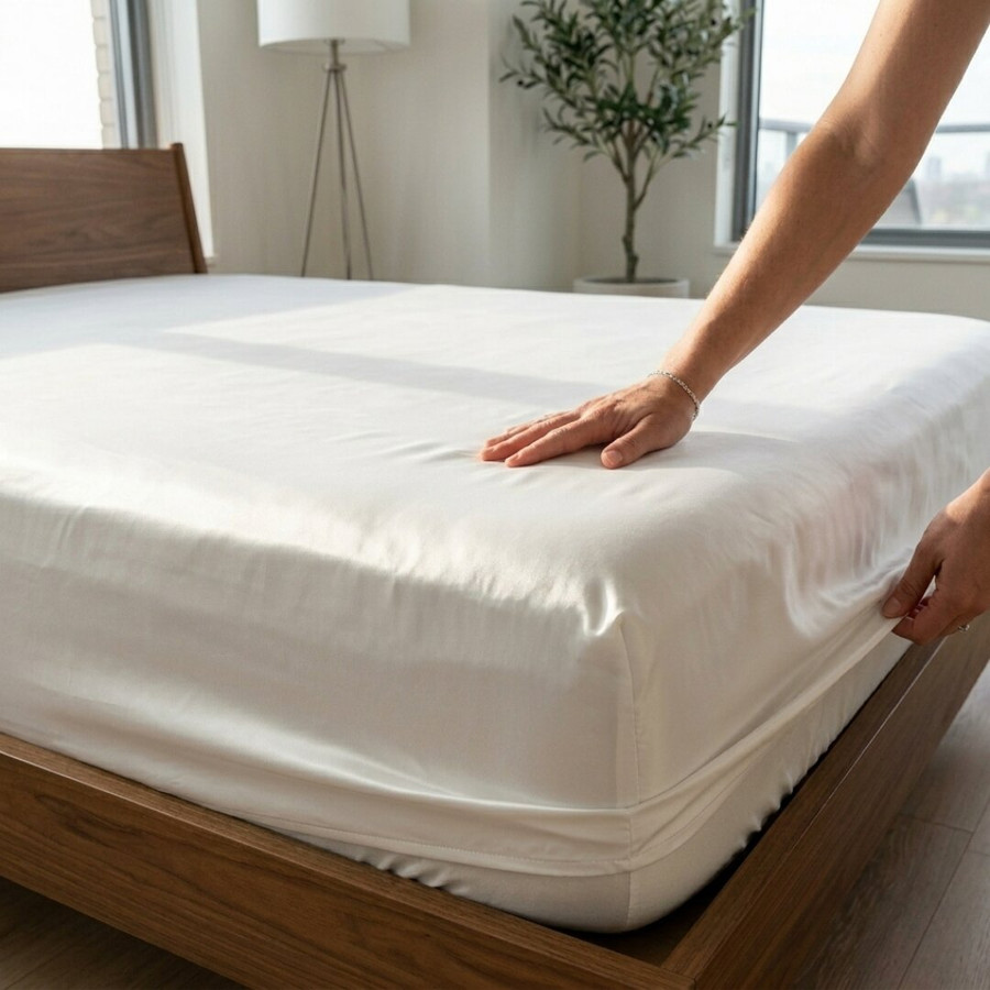 white-premium-tencel-12-inch-deep-fitted-sheet-on-bed-hands-demonstrating-deep-pocket-fit-soft-luxurious-tencel-fabric-bedroom-lifestyle