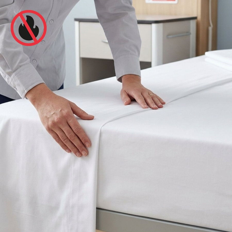 flame-retardant-flat-sheets-institutional-setting-hands-handling-bedding-no-open-flame-symbol-fire-safety-certified