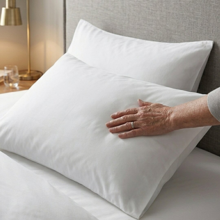 white-180-thread-count-easy-iron-percale-pillowcases-on-bed-hand-demonstrating-crisp-percale-weave-easy-care-fabric-texture