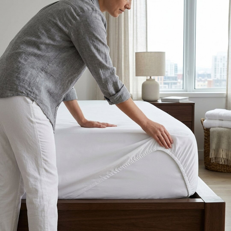 white-180-thread-count-percale-fitted-sheets-12-inch-deep-lifestyle-hands-demonstrating-elastic-corner-fit-on-bed