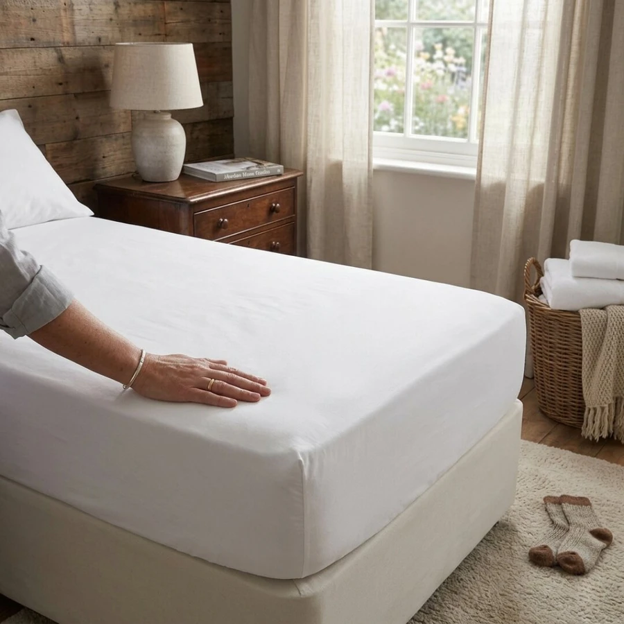white-200-thread-count-100-percent-cotton-percale-fitted-sheet-12-inch-deep-on-bed-hand-demonstrating-deep-pocket-fit-soft-pure-cotton-fabric-bedroom-lifestyle