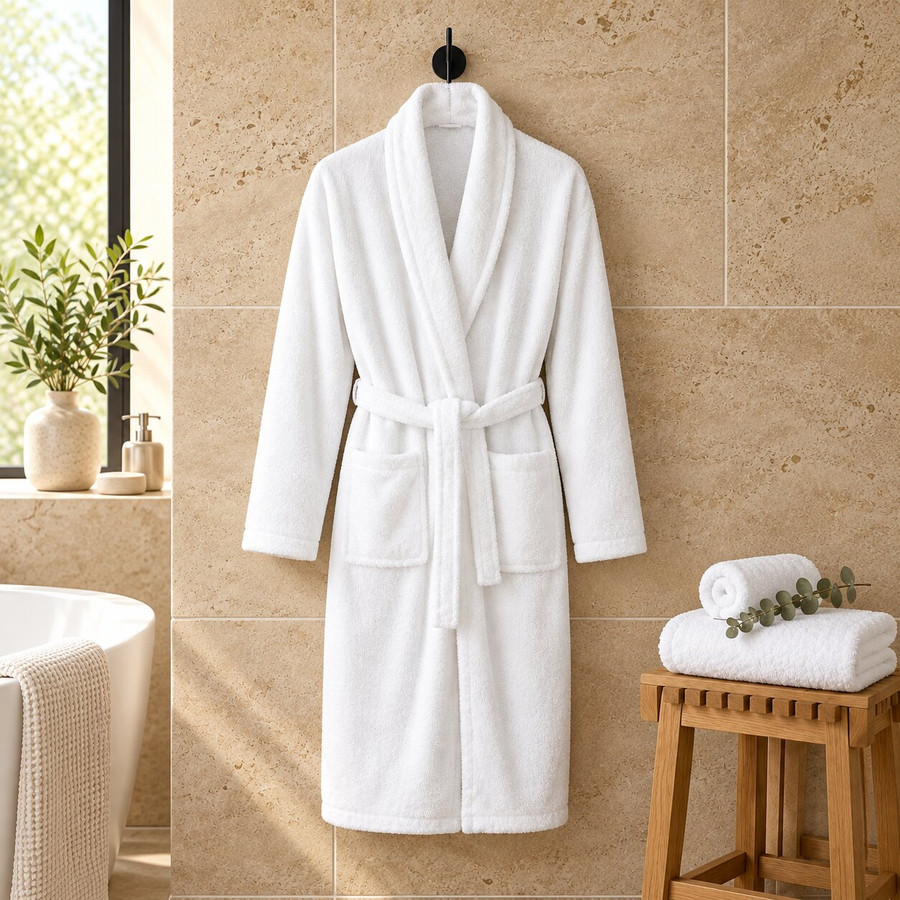 white-terry-towelling-bath-robe-shawl-collar-travertine-wall