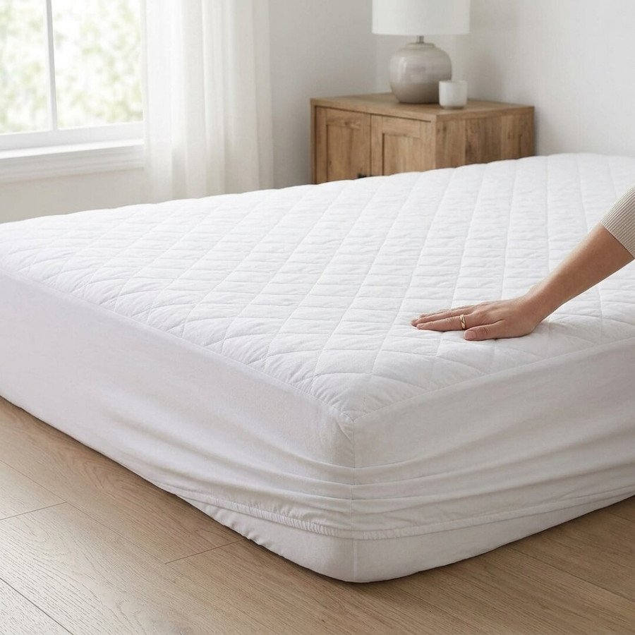 hand-pressing-white-quilted-mattress-protector-to-demonstrate-soft-feel-and-comfort