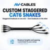 Custom CAT6 Ethernet snake cable with even RJ45 breakouts on one end and customizable staggered RJ45 breakouts on the other or Both