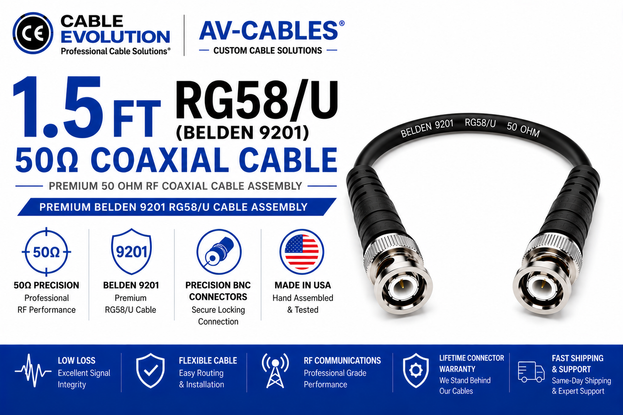 1.5ft Precision 50 ohm RG58/U BNC Cables - Belden 9201