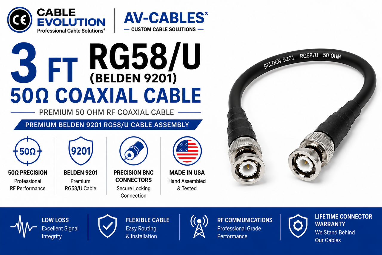 3ft Precision 50 ohm RG58/U BNC Cables - Belden 9201
