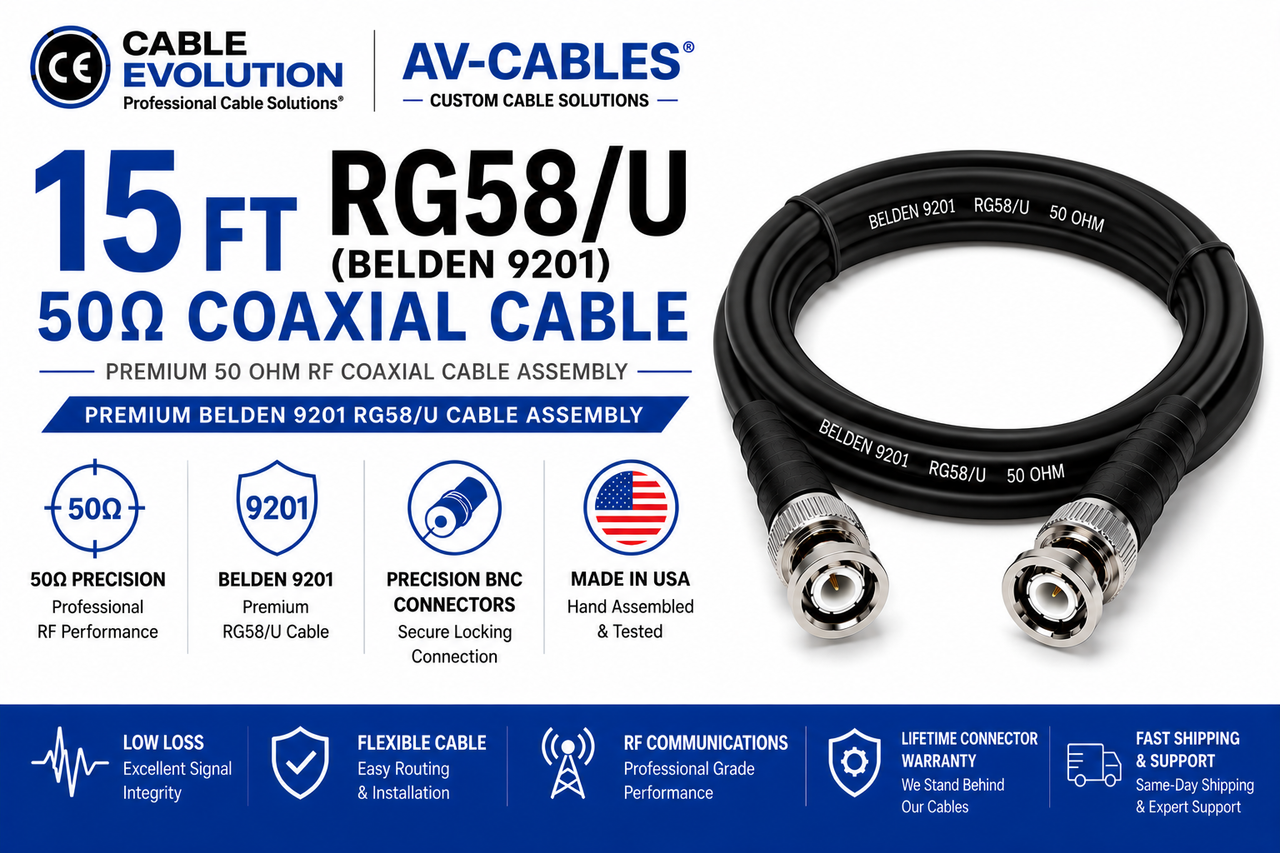 15ft Precision 50 ohm RG58/U BNC Cables - Belden 9201