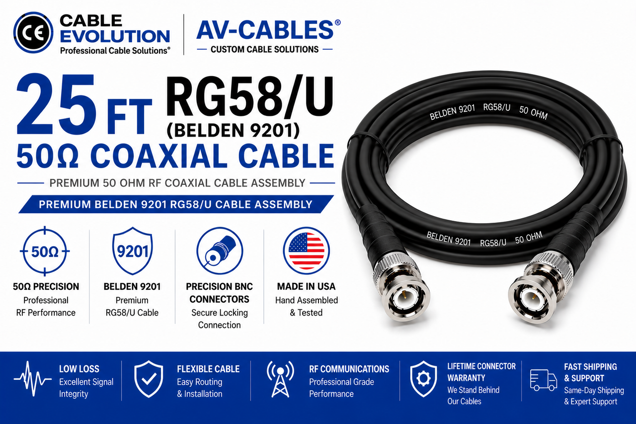 25ft Precision 50 ohm RG58/U BNC Cables - Belden 9201