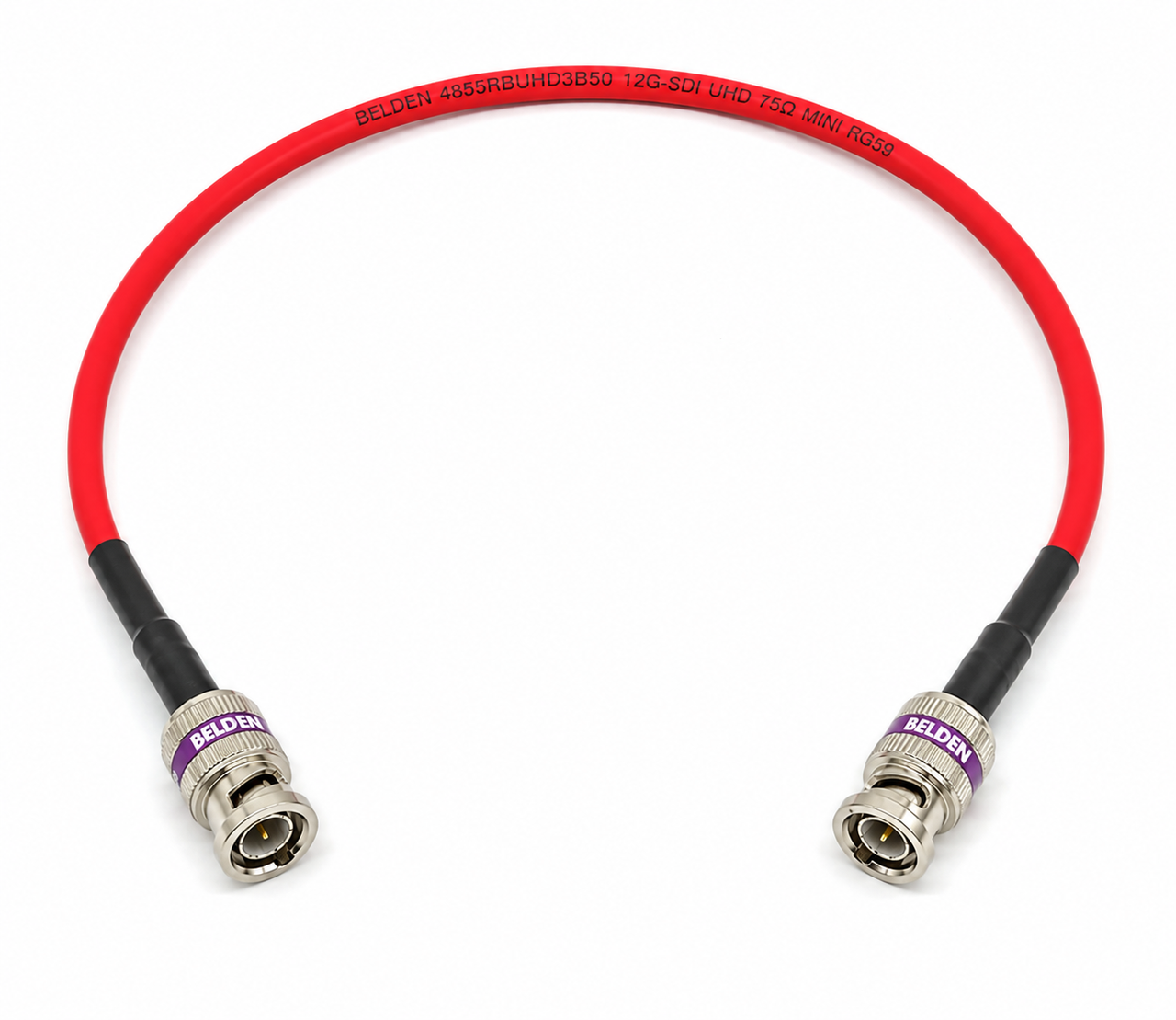 AV-Cables 12G HD-SDI 4K UHD BNC cable with Belden 4855R mini RG59 coaxial, showing gold-plated BNC connectors