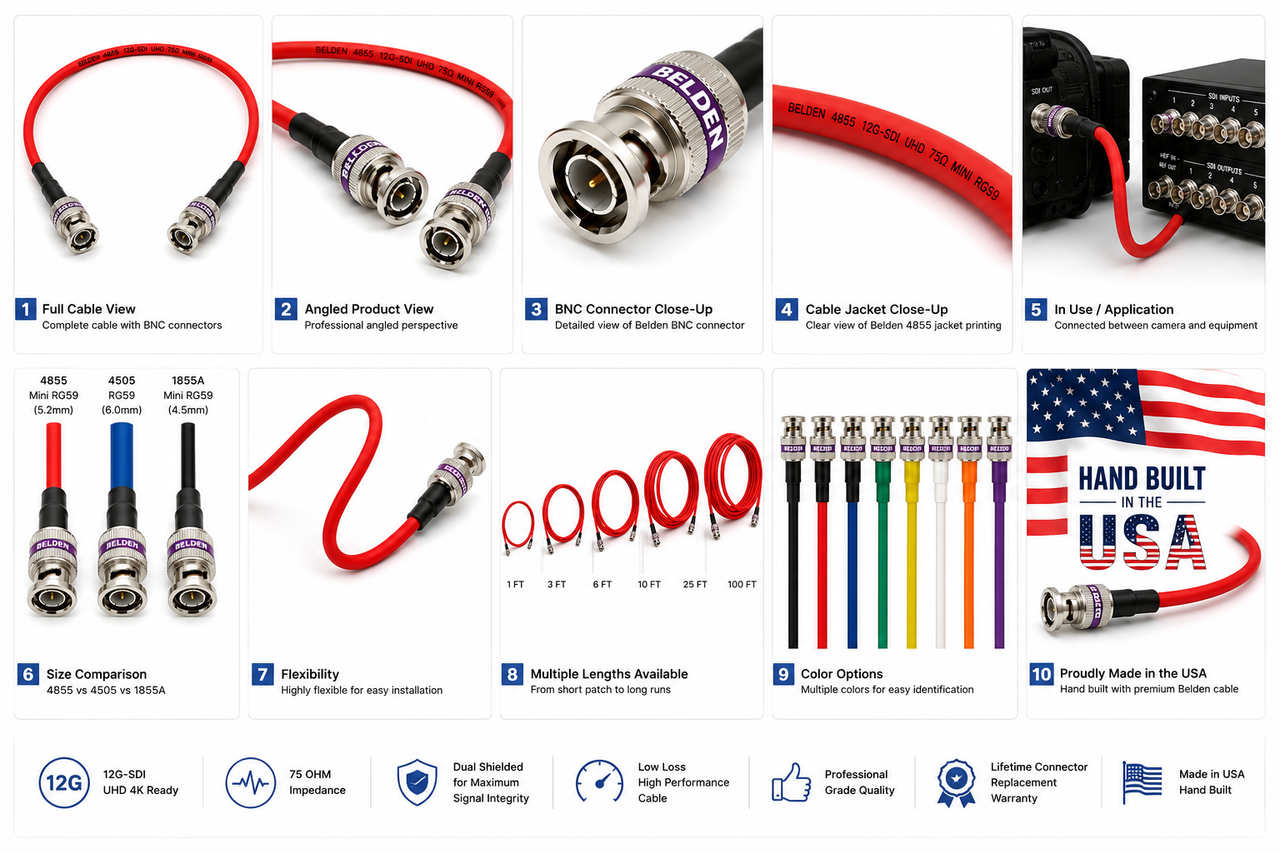 Belden 4855R 12G HD-SDI BNC cables available in multiple jacket colors for professional broadcast installations.