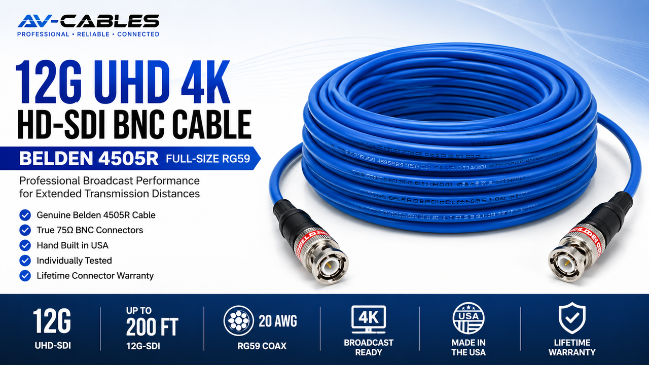 Professional Belden 4505R 12G SDI coaxial cable with true 75-ohm BNC connectors, hand-built in the USA for broadcast video.