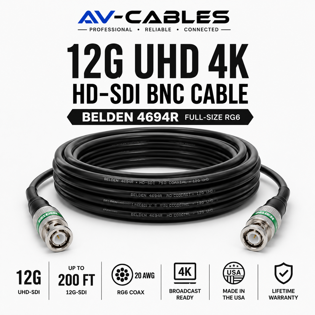 Belden 4694R 12G UHD 4K HD-SDI BNC cable with full-size RG6 coax and professional 75-ohm BNC connectors for broadcast video.
