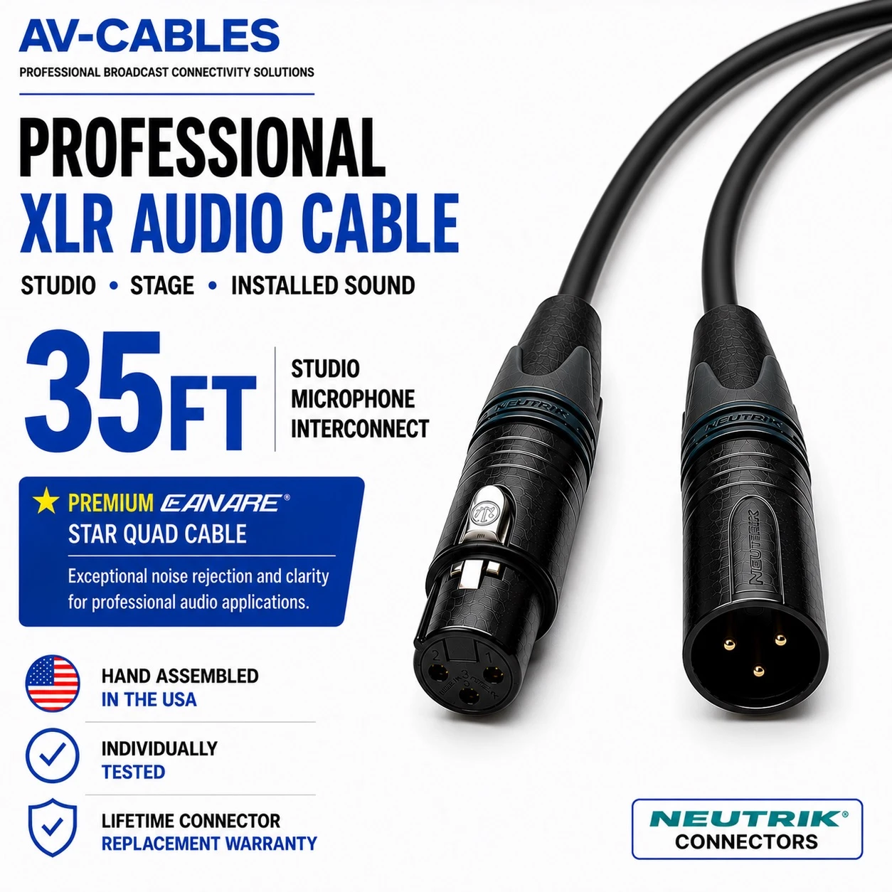 35ft Star Quad XLR microphone cable with Canare L-4E6S and black 3-pin XLR connectors