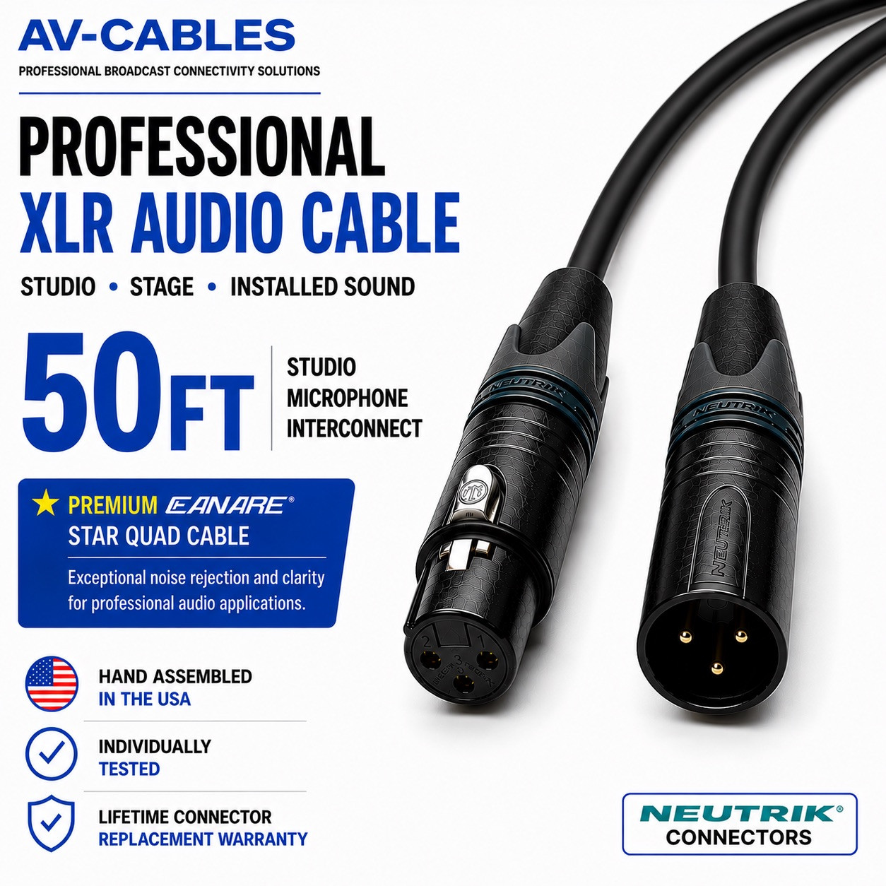 50ft Star Quad XLR microphone cable with Canare L-4E6S and black 3-pin XLR connectors