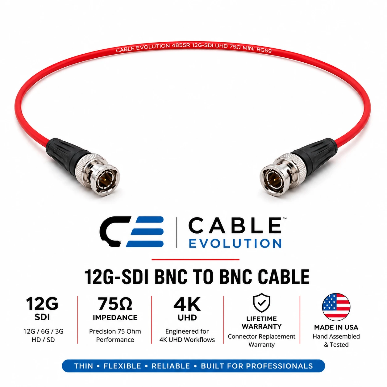 Cable Evolution 12G UHD 4K HD-SDI BNC cable built with Belden 4855R Mini RG59 broadcast coax