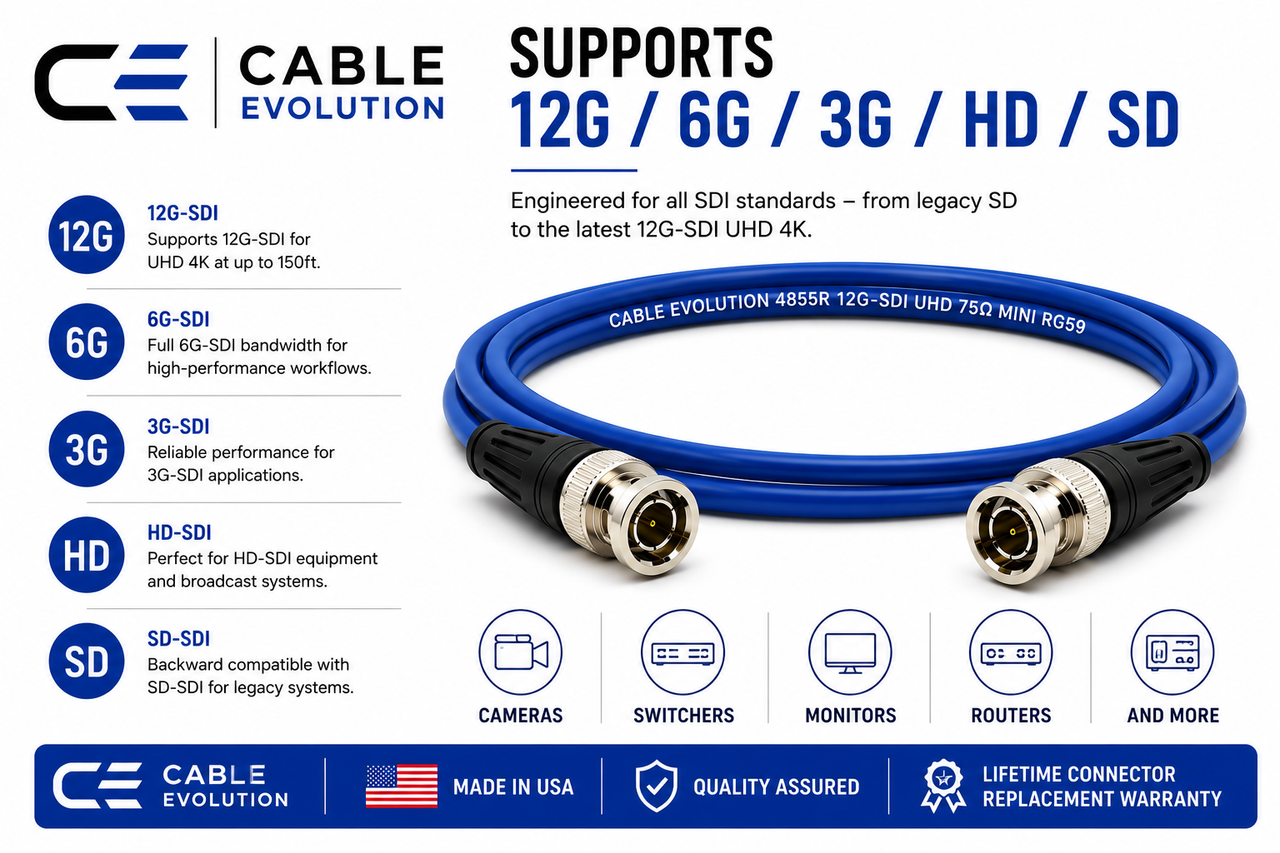 Cable Evolution 12G UHD HD-SDI cable connected to professional broadcast camera and video equipment